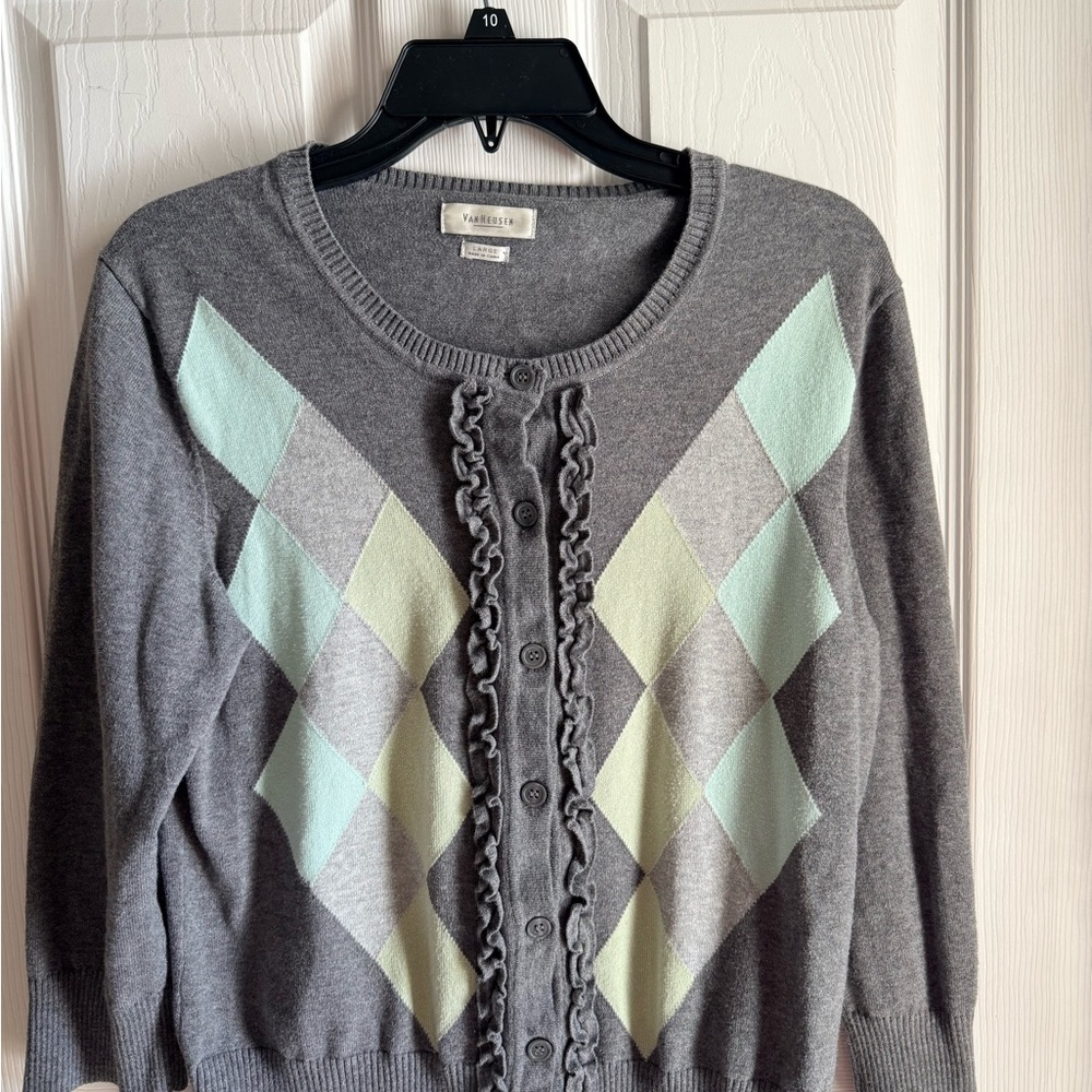 Women's Van Heusen Button Up Sweater Cardigan Gray and Mint Argyle Size LG